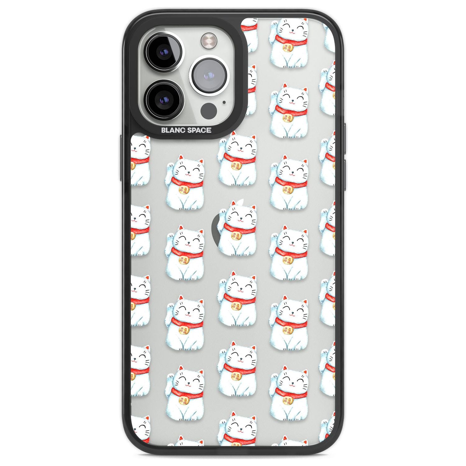 Lucky Cat Maneki-Neko Japanese Pattern Phone Case iPhone 13 Pro Max / Black Impact Case,iPhone 14 Pro Max / Black Impact Case Blanc Space