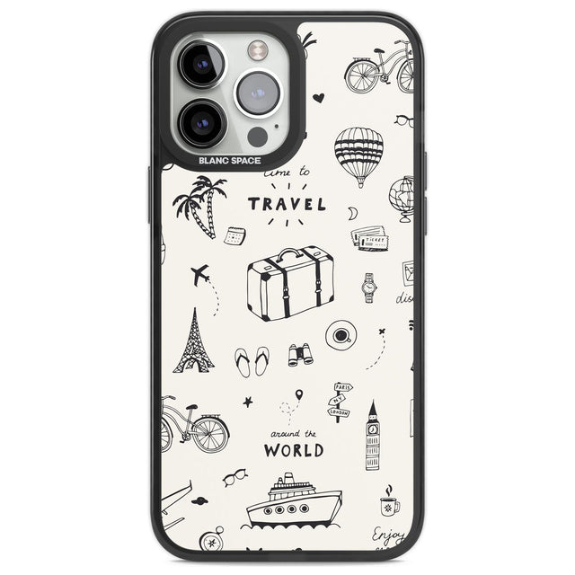 Cute Travel Pattern, White on Phone Case iPhone 14 Pro Max / Black Impact Case,iPhone 13 Pro Max / Black Impact Case Blanc Space