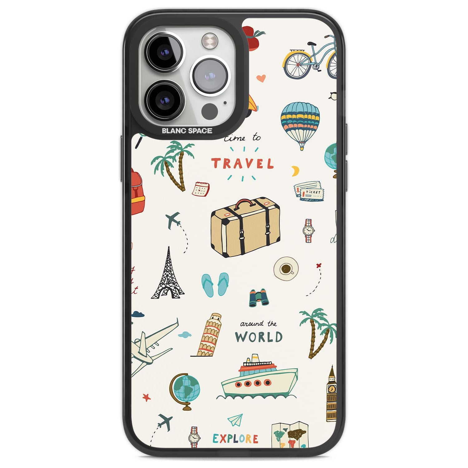 Cute Travel Pattern Cream Phone Case iPhone 14 Pro Max / Black Impact Case,iPhone 13 Pro Max / Black Impact Case Blanc Space