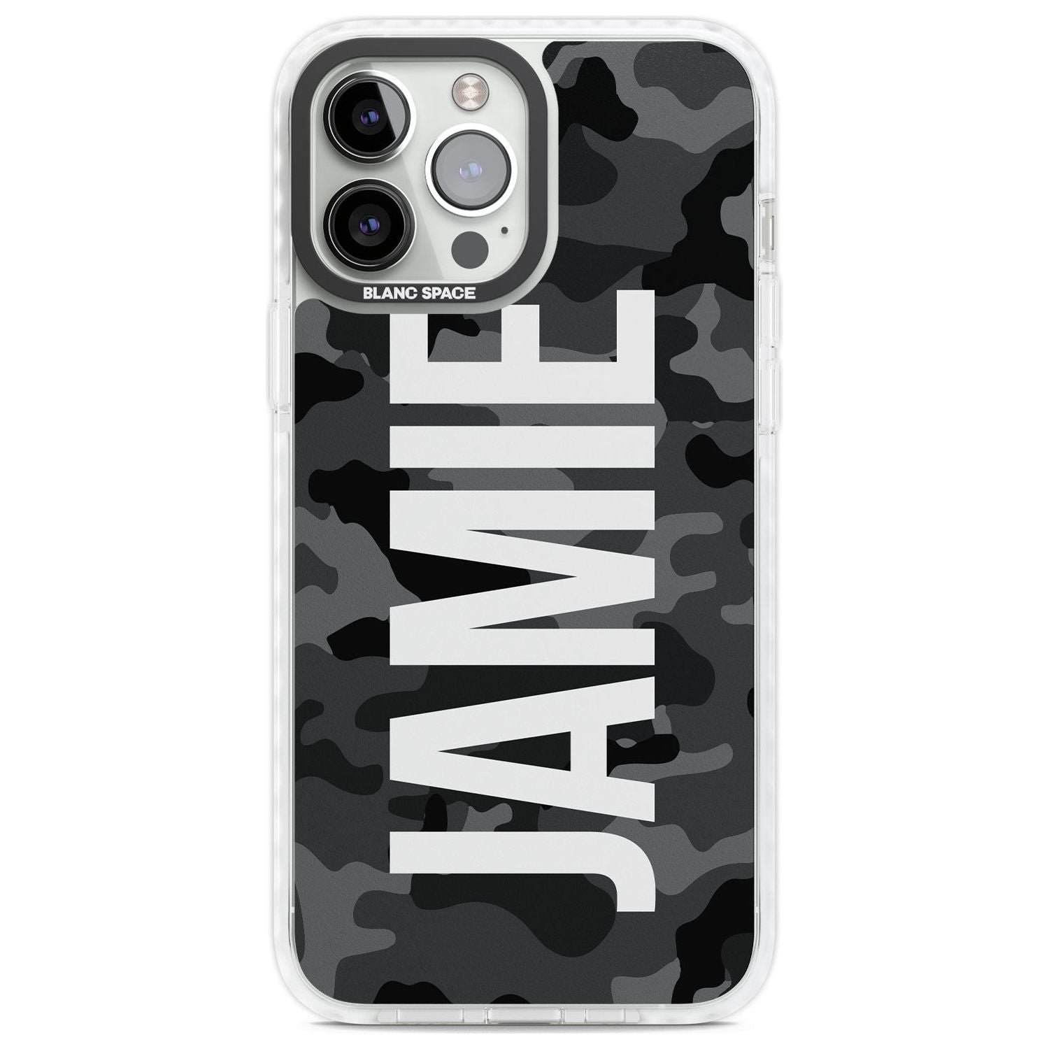 Personalised Vertical Name Black Camouflage Custom Phone Case iPhone 13 Pro Max / Impact Case,iPhone 14 Pro Max / Impact Case Blanc Space