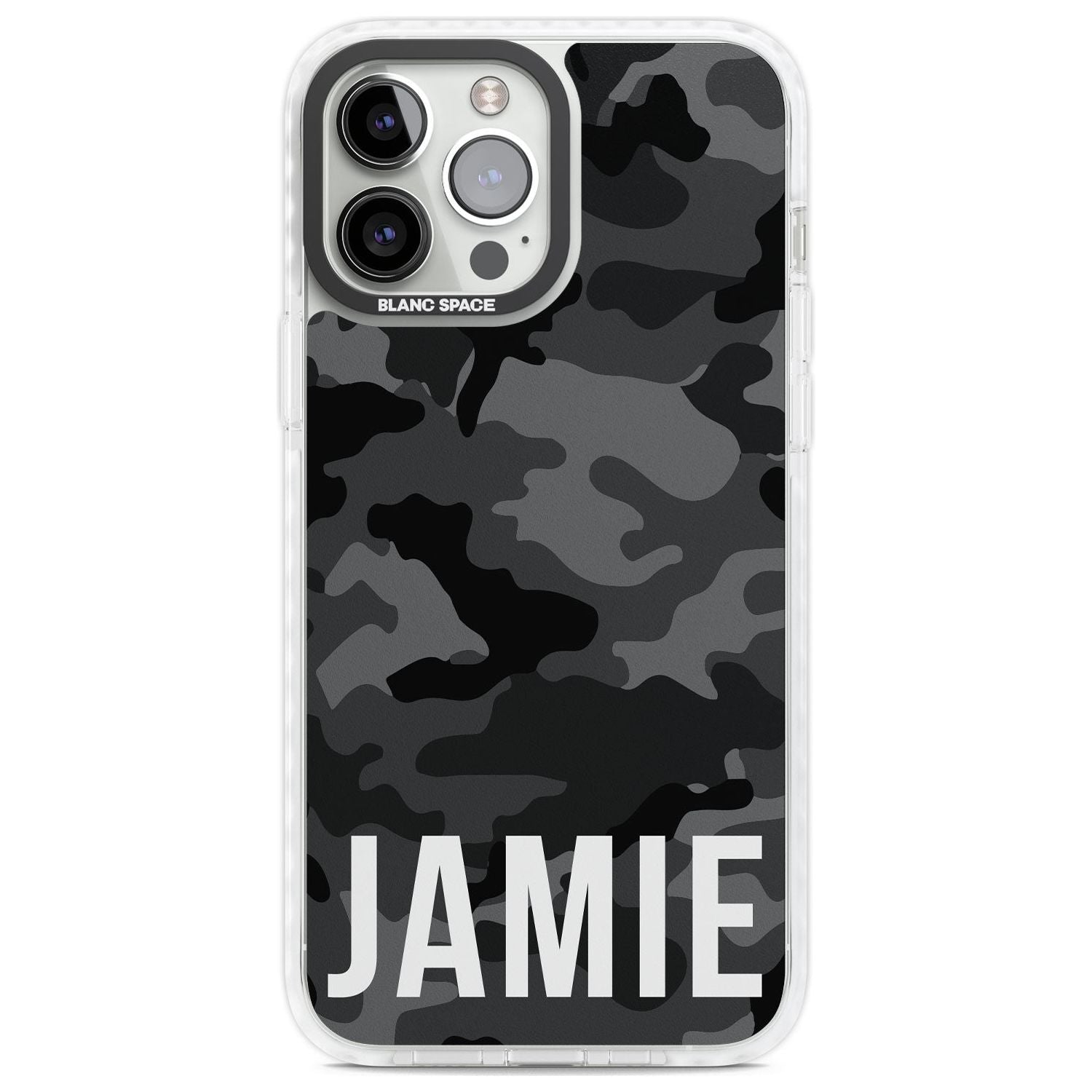 Personalised Horizontal Name Black Camouflage Custom Phone Case iPhone 13 Pro Max / Impact Case,iPhone 14 Pro Max / Impact Case Blanc Space