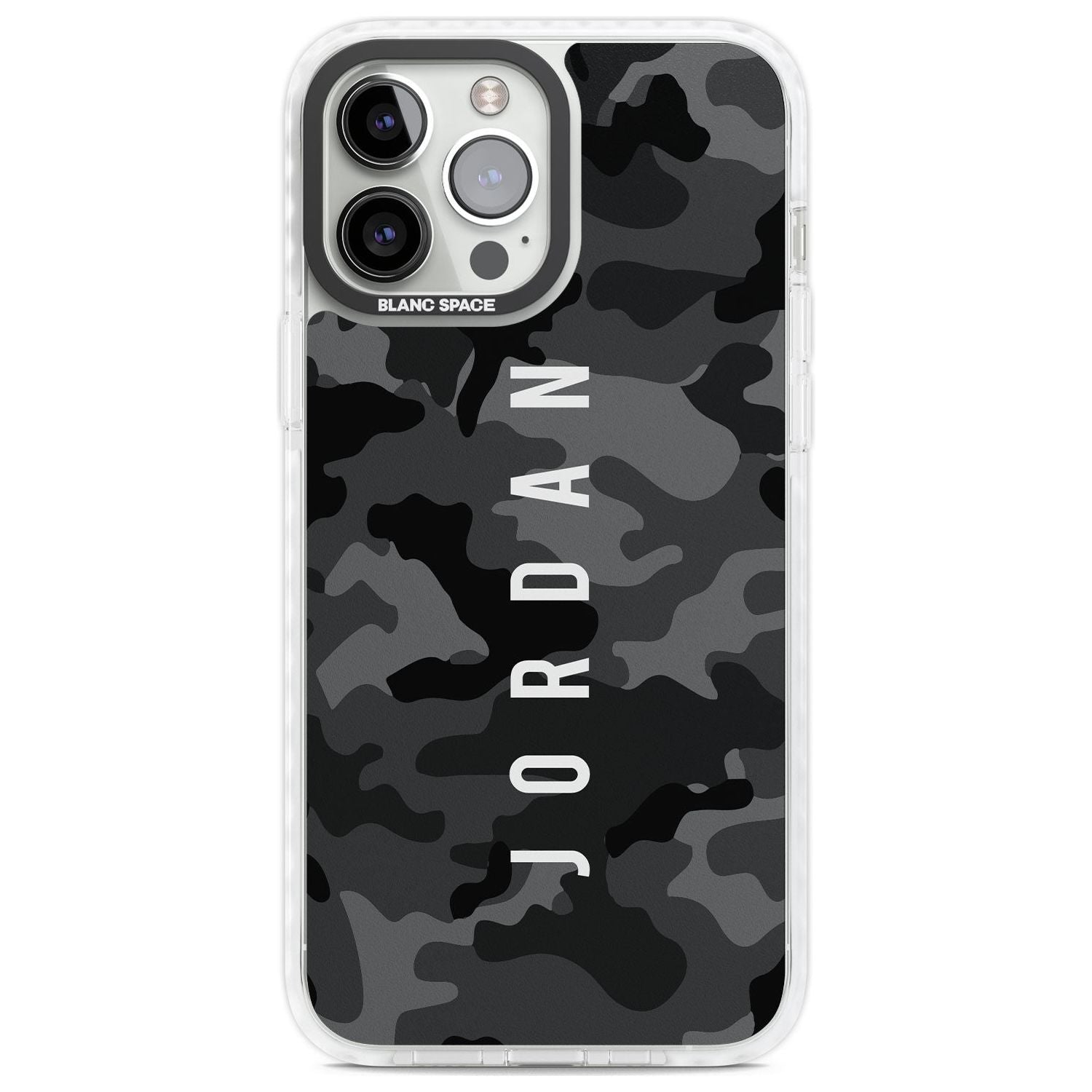 Personalised Small Vertical Name Black Camouflage Custom Phone Case iPhone 13 Pro Max / Impact Case,iPhone 14 Pro Max / Impact Case Blanc Space