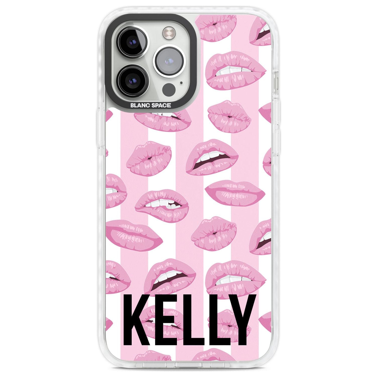 Personalised Pink Stripes & Lips Custom Phone Case iPhone 13 Pro Max / Impact Case,iPhone 14 Pro Max / Impact Case Blanc Space