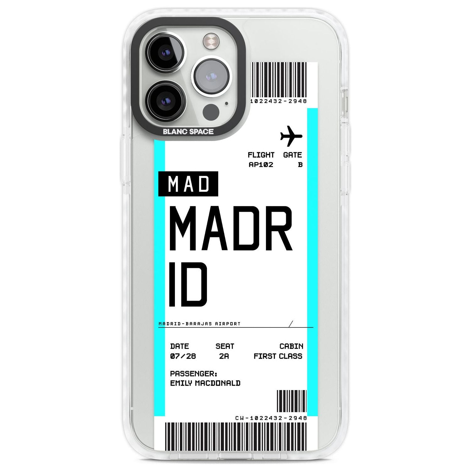 Personalised Madrid Boarding Pass Custom Phone Case iPhone 13 Pro Max / Impact Case,iPhone 14 Pro Max / Impact Case Blanc Space