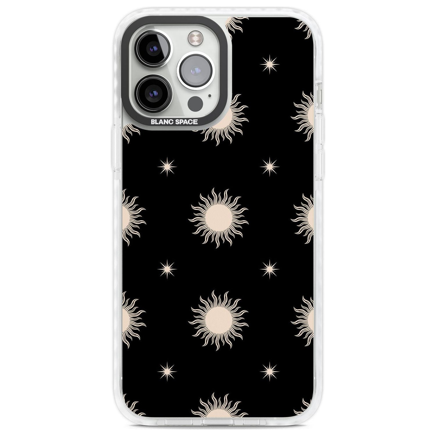 Celestial Patterns Classic Suns (Black) Phone Case iPhone 13 Pro Max / Impact Case,iPhone 14 Pro Max / Impact Case Blanc Space