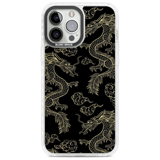 Black and Gold Dragon Pattern Phone Case iPhone 13 Pro Max / Impact Case,iPhone 14 Pro Max / Impact Case Blanc Space
