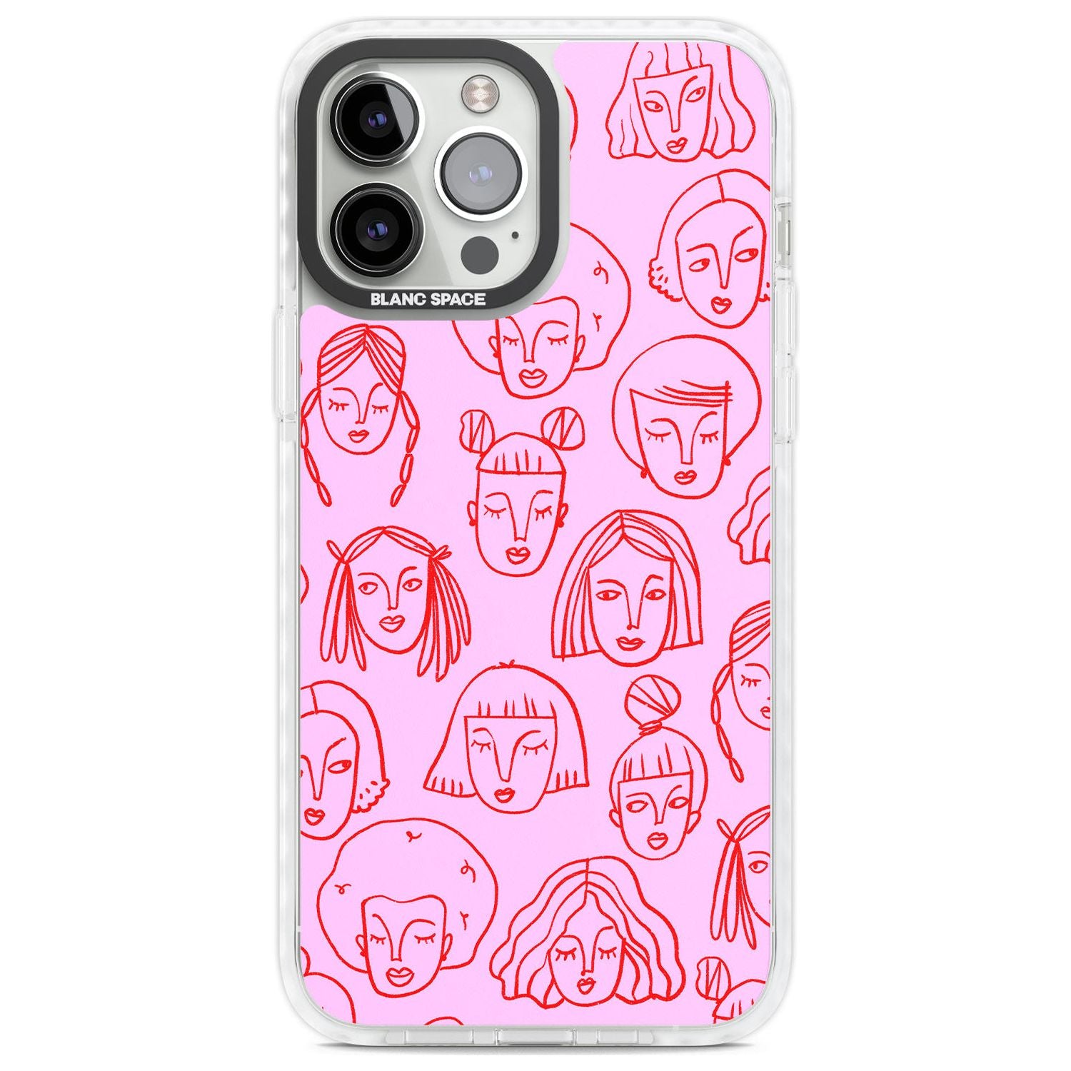 Girl Portrait Doodles in Pink & Red Phone Case iPhone 13 Pro Max / Impact Case,iPhone 14 Pro Max / Impact Case Blanc Space