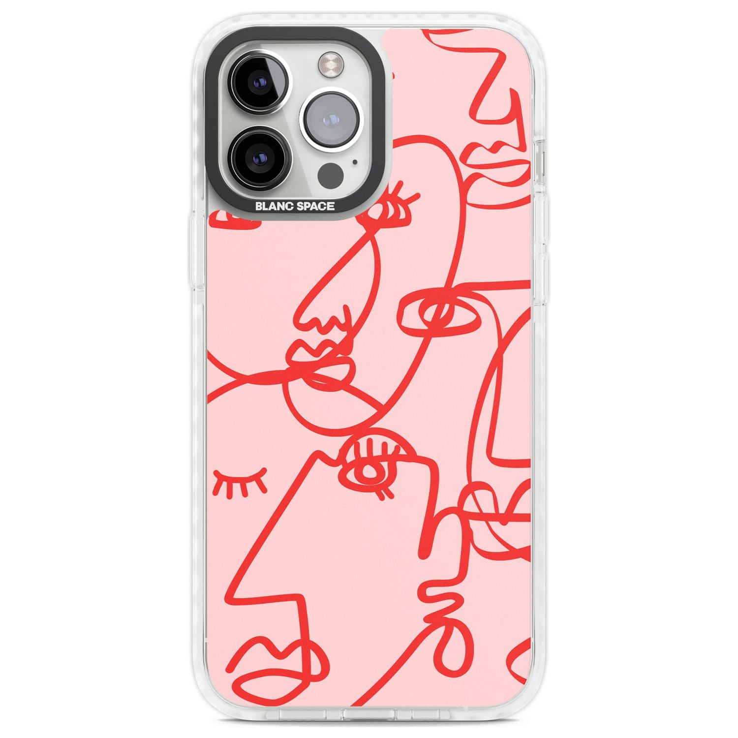 Abstract Continuous Line Faces Red on Pink Phone Case iPhone 13 Pro Max / Impact Case,iPhone 14 Pro Max / Impact Case Blanc Space