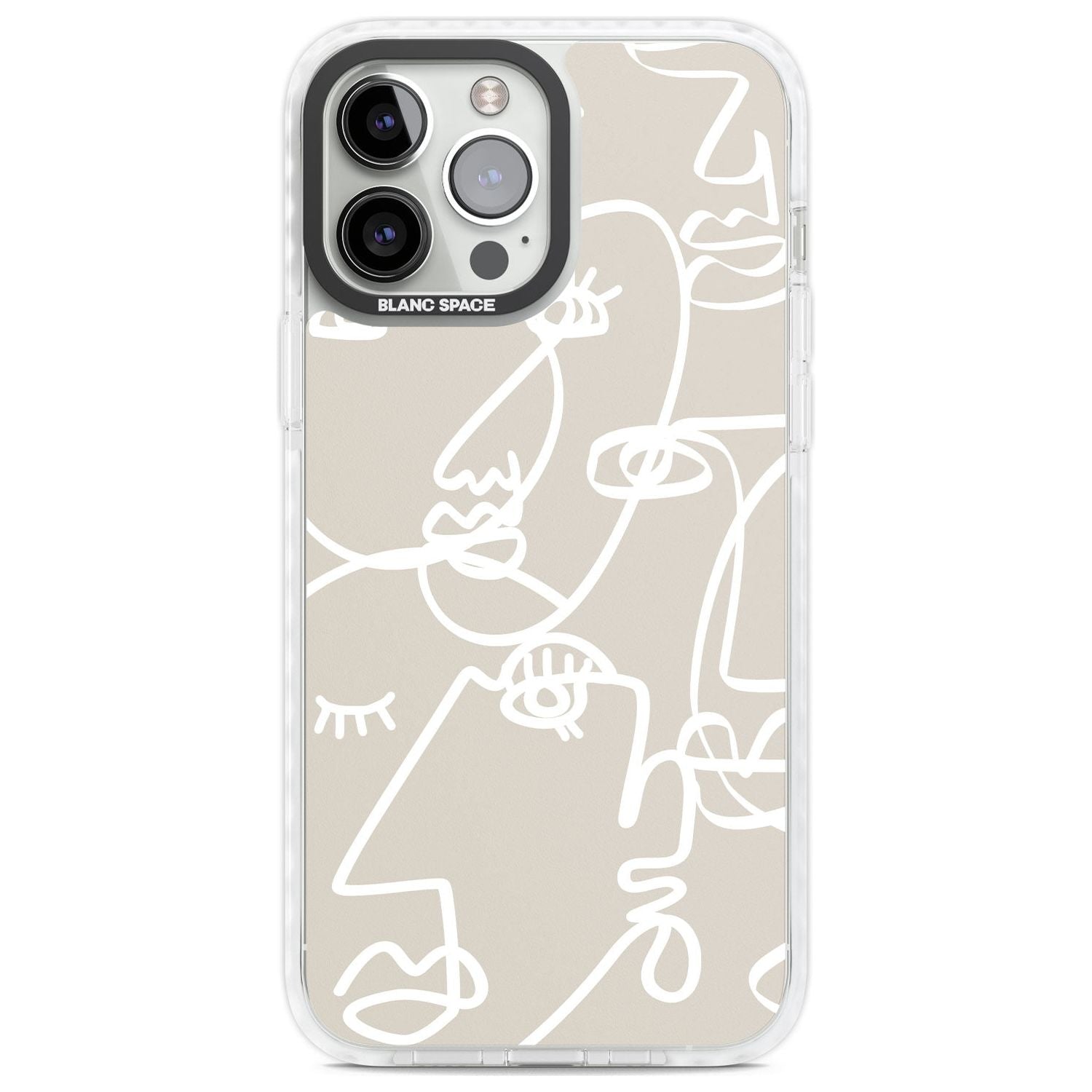 Abstract Continuous Line Faces White on Beige Phone Case iPhone 13 Pro Max / Impact Case,iPhone 14 Pro Max / Impact Case Blanc Space