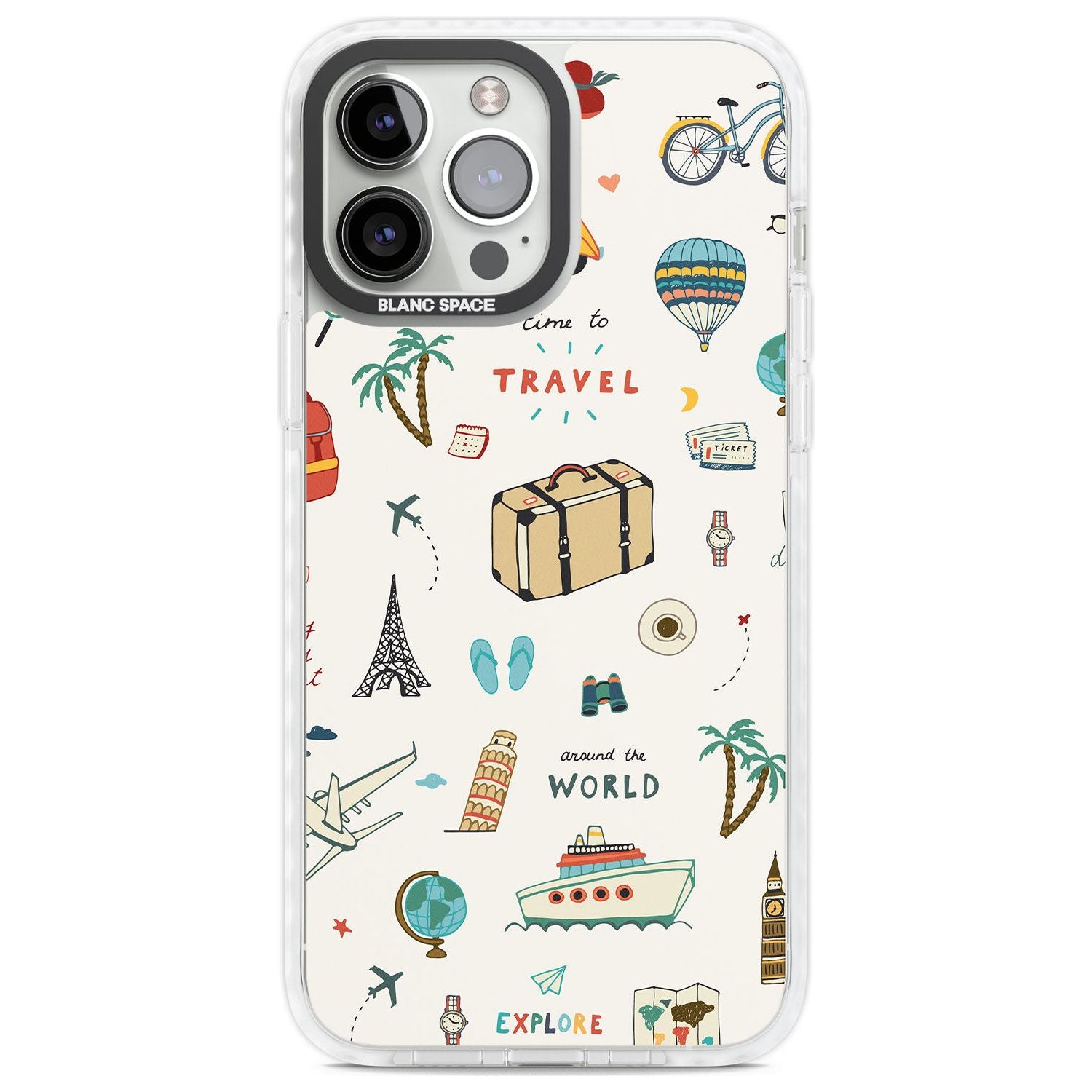 Cute Travel Pattern Cream Phone Case iPhone 13 Pro Max / Impact Case,iPhone 14 Pro Max / Impact Case Blanc Space