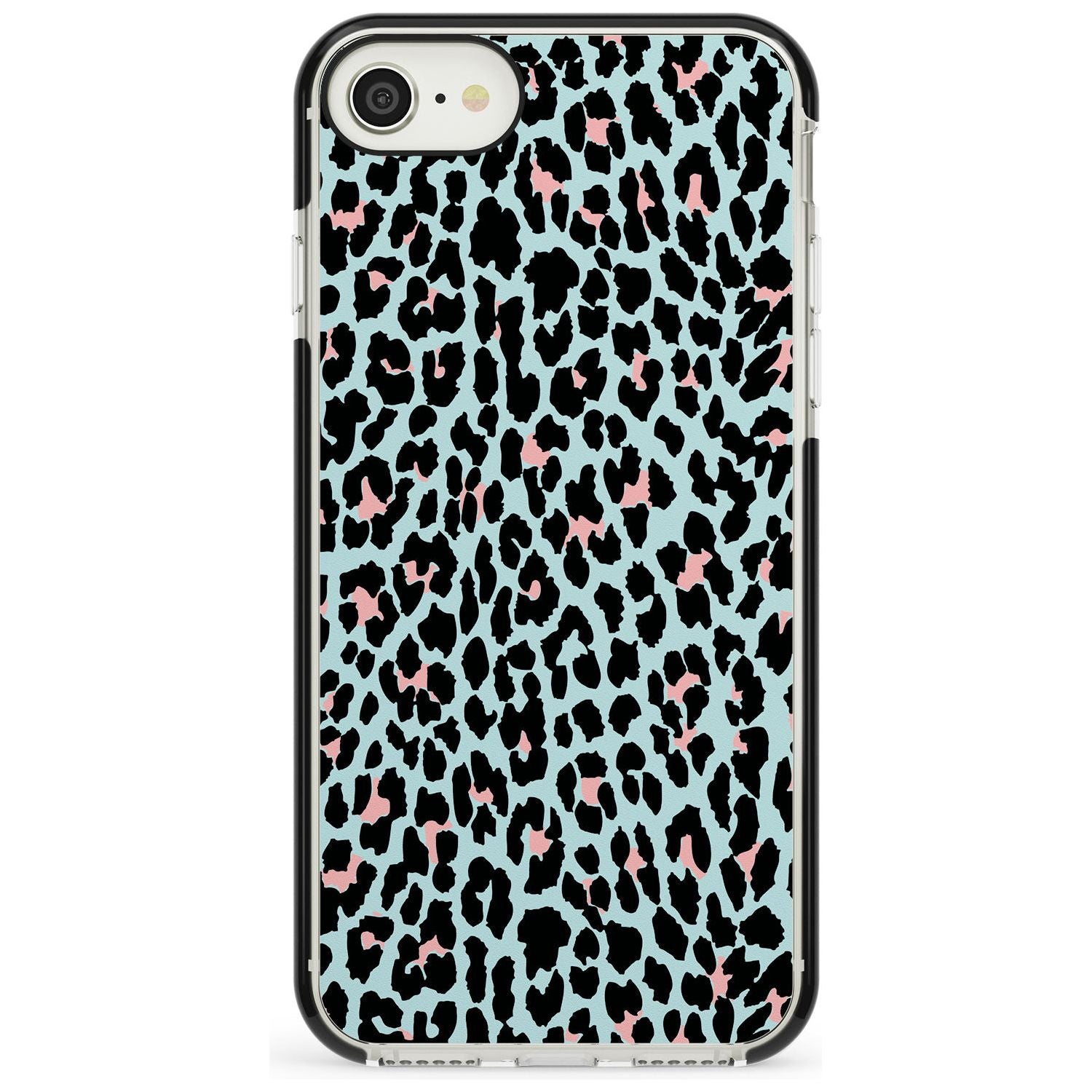 Light Pink on Blue Leopard Print Pattern Black Impact Phone Case for iPhone SE 8 7 Plus
