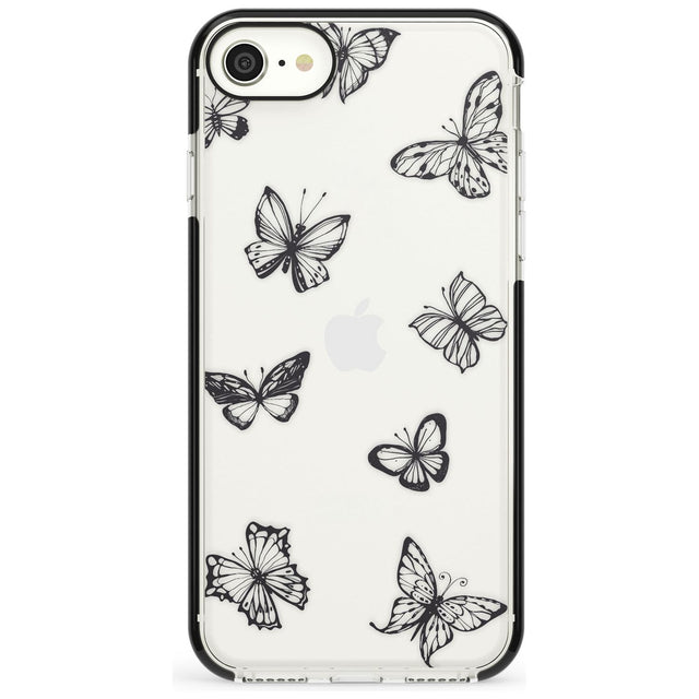 Grey Butterfly Line Pattern Black Impact Phone Case for iPhone SE 8 7 Plus