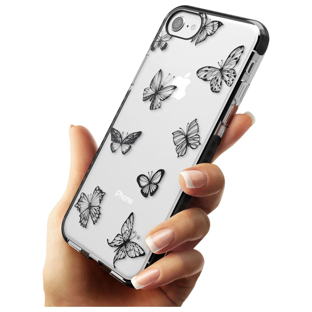 Grey Butterfly Line Pattern Black Impact Phone Case for iPhone SE 8 7 Plus