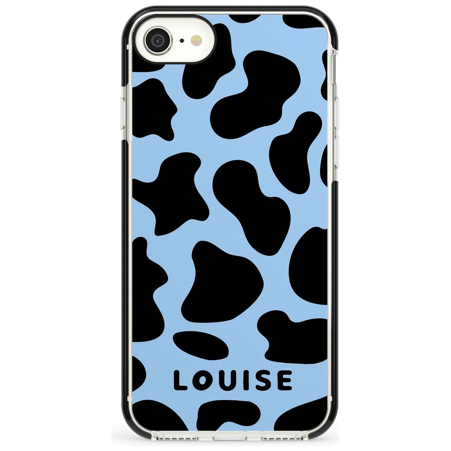 Personalised Blue and Black Cow Print Black Impact Phone Case for iPhone SE 8 7 Plus