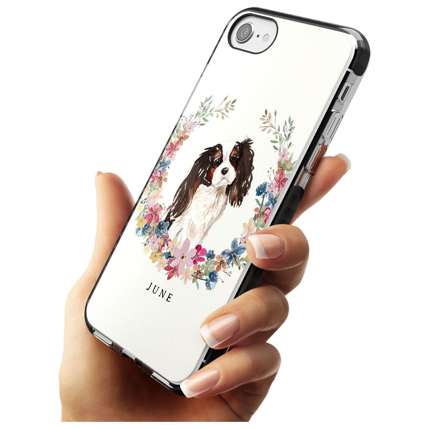 Tri Coloured King Charles Watercolour Dog Portrait Black Impact Phone Case for iPhone SE 8 7 Plus