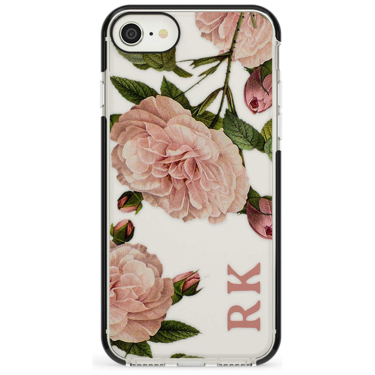 Custom Clear Vintage Floral Pale Pink Peonies Black Impact Phone Case for iPhone SE 8 7 Plus