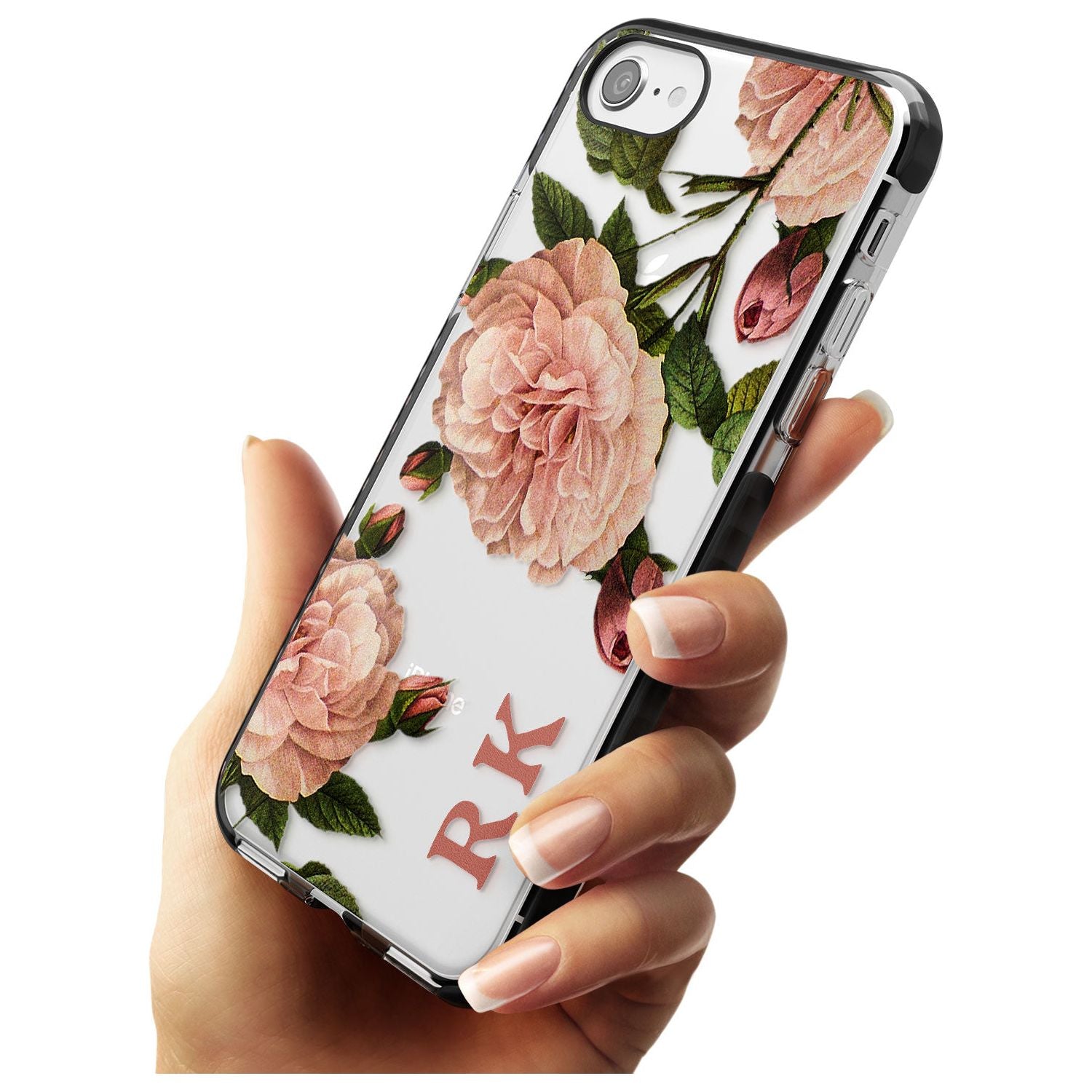 Custom Clear Vintage Floral Pale Pink Peonies Black Impact Phone Case for iPhone SE 8 7 Plus