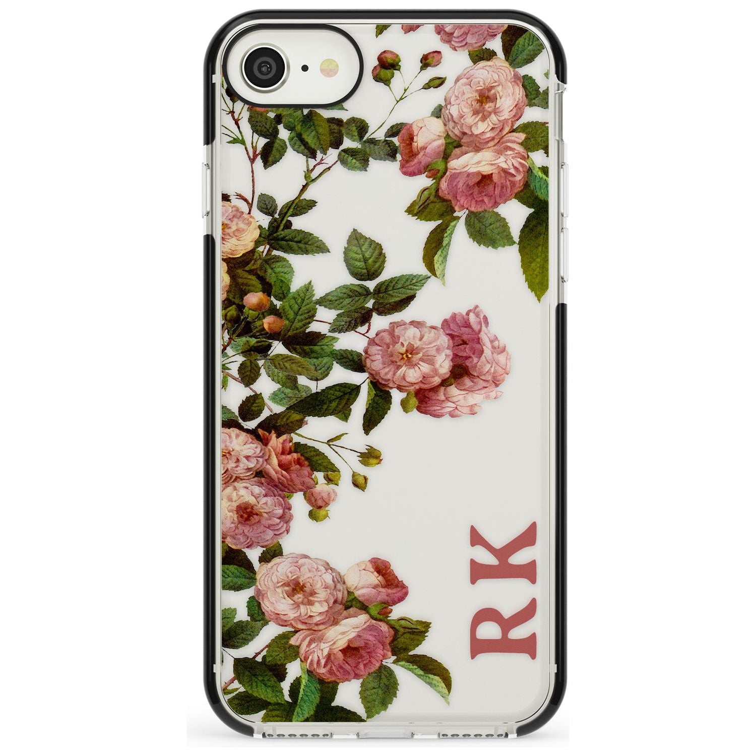 Custom Clear Vintage Floral Pink Garden Roses Black Impact Phone Case for iPhone SE 8 7 Plus
