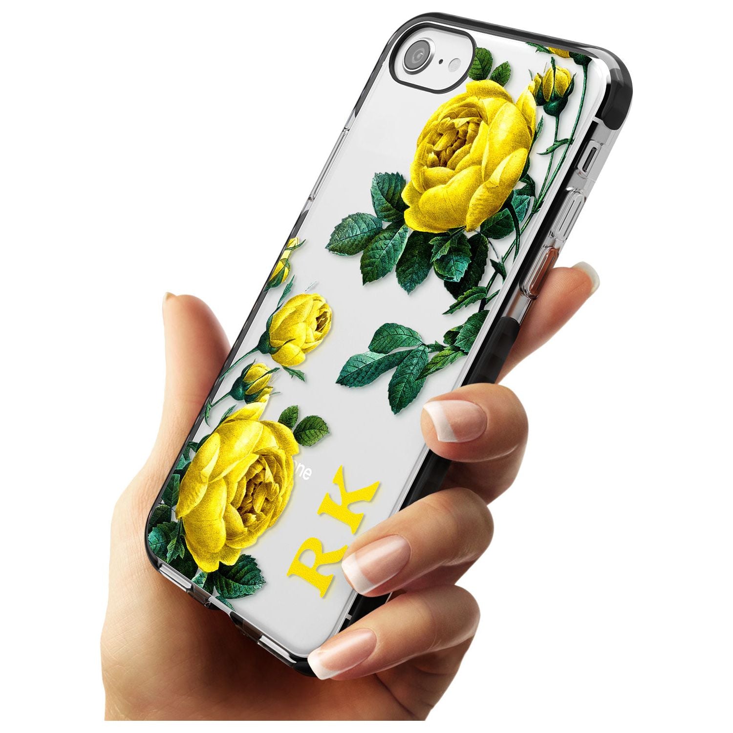 Custom Clear Vintage Floral Yellow Roses Black Impact Phone Case for iPhone SE 8 7 Plus