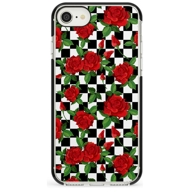 Checkered Pattern & Red Roses Black Impact Phone Case for iPhone SE 8 7 Plus