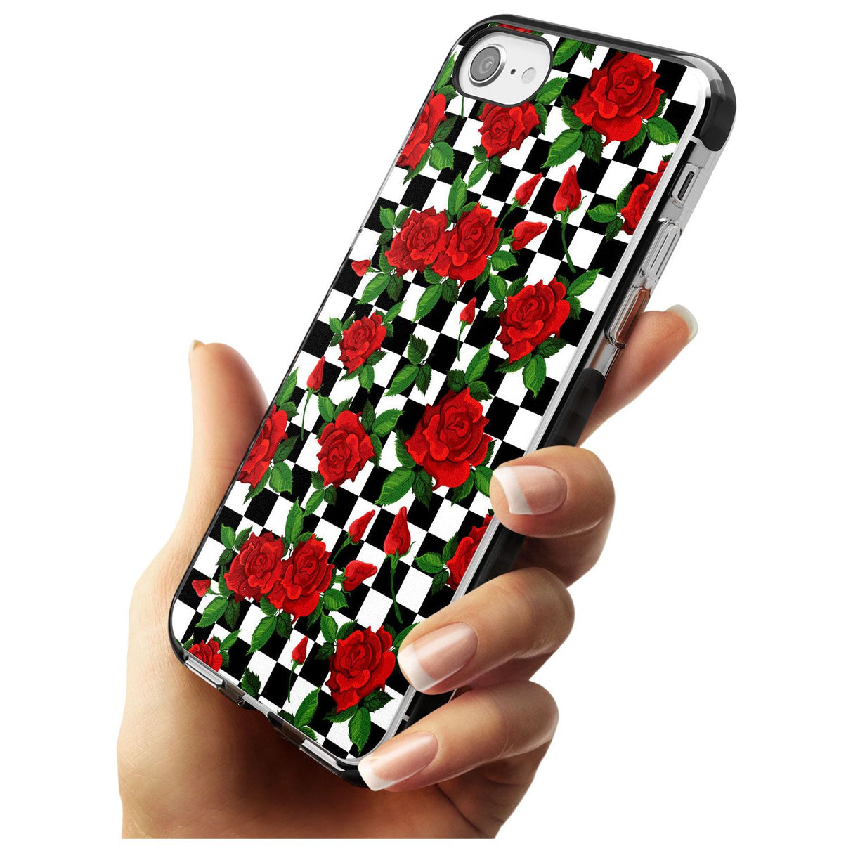 Checkered Pattern & Red Roses Black Impact Phone Case for iPhone SE 8 7 Plus