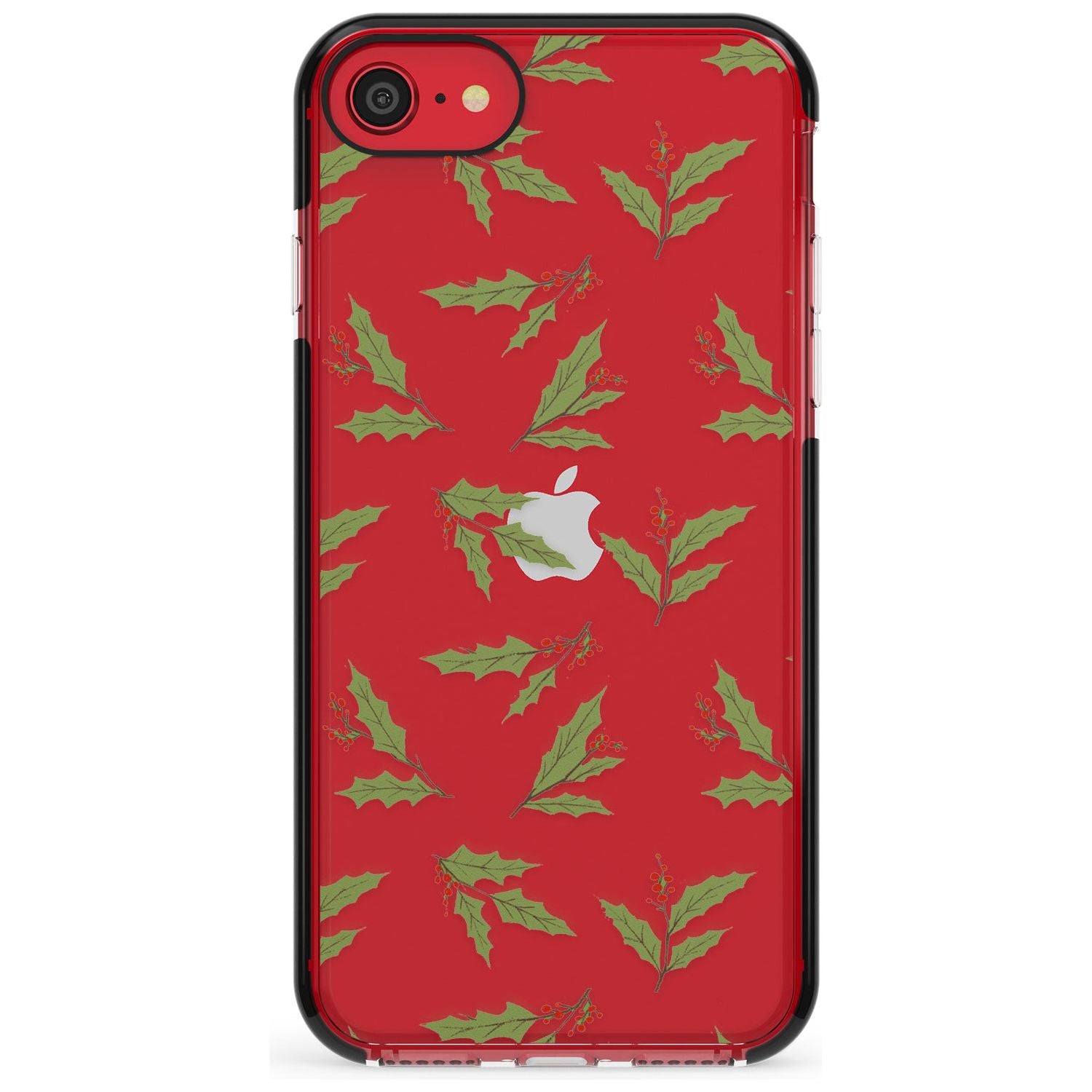 Christmas Holly Pattern Black Impact Phone Case for iPhone SE 8 7 Plus