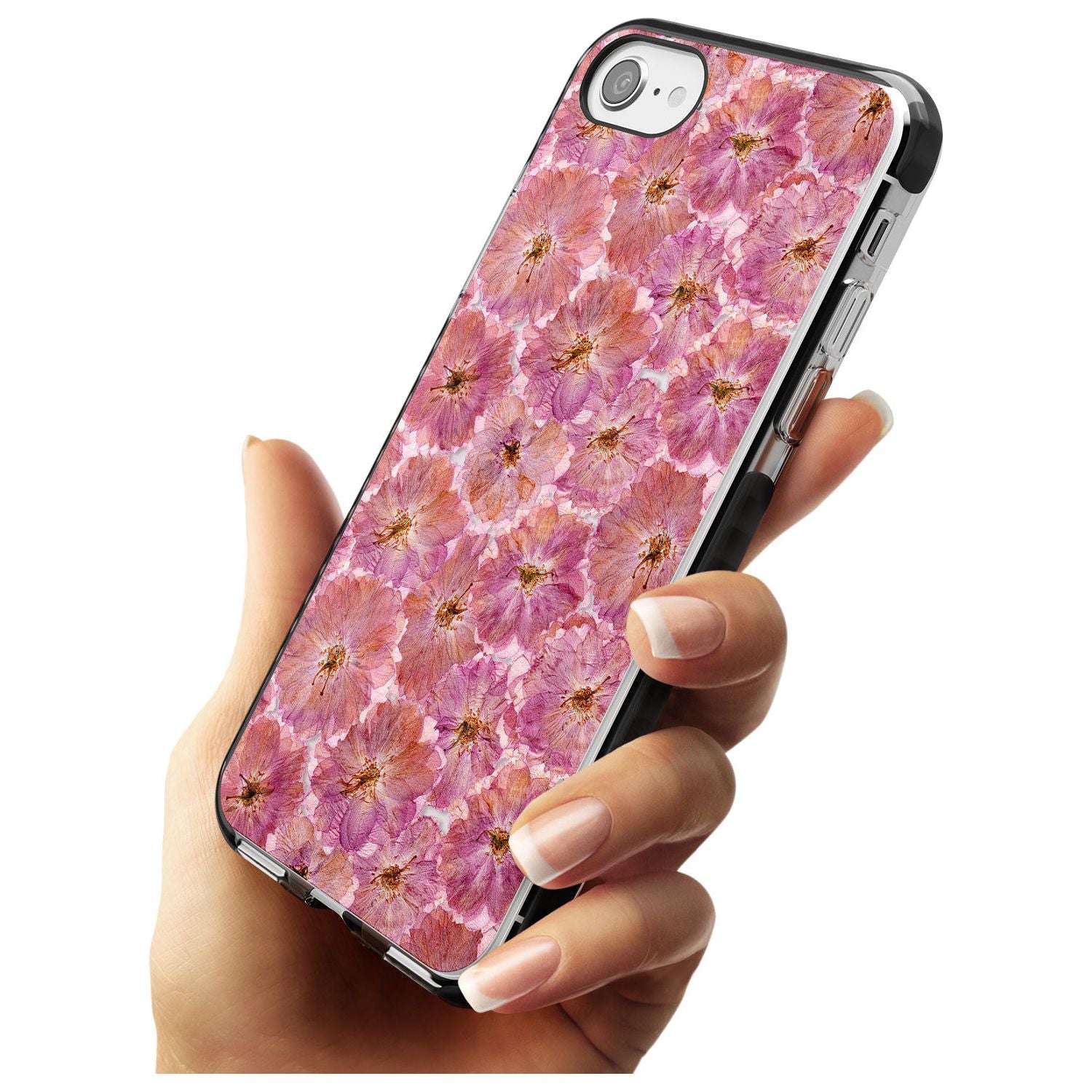 Large Pink Flowers Transparent Design Black Impact Phone Case for iPhone SE 8 7 Plus