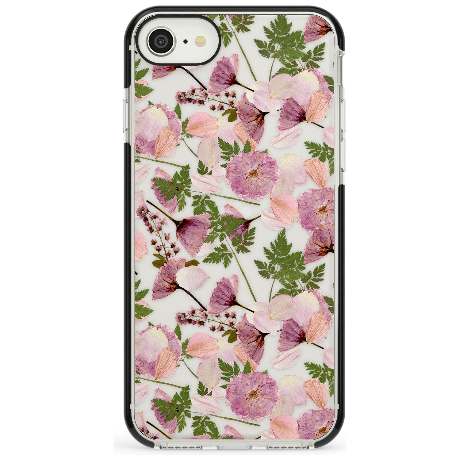 Leafy Floral Pattern Transparent Design Black Impact Phone Case for iPhone SE 8 7 Plus