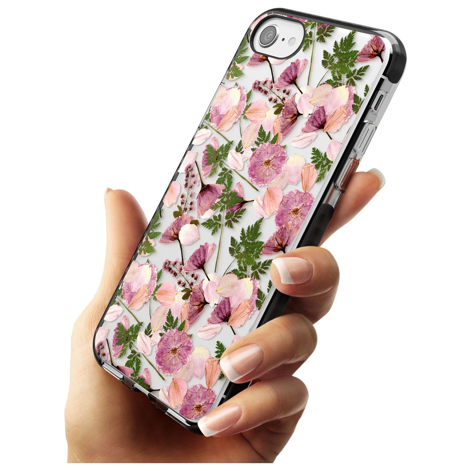 Leafy Floral Pattern Transparent Design Black Impact Phone Case for iPhone SE 8 7 Plus