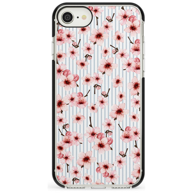 Cherry Blossoms on Blue Stripes Pattern Black Impact Phone Case for iPhone SE 8 7 Plus