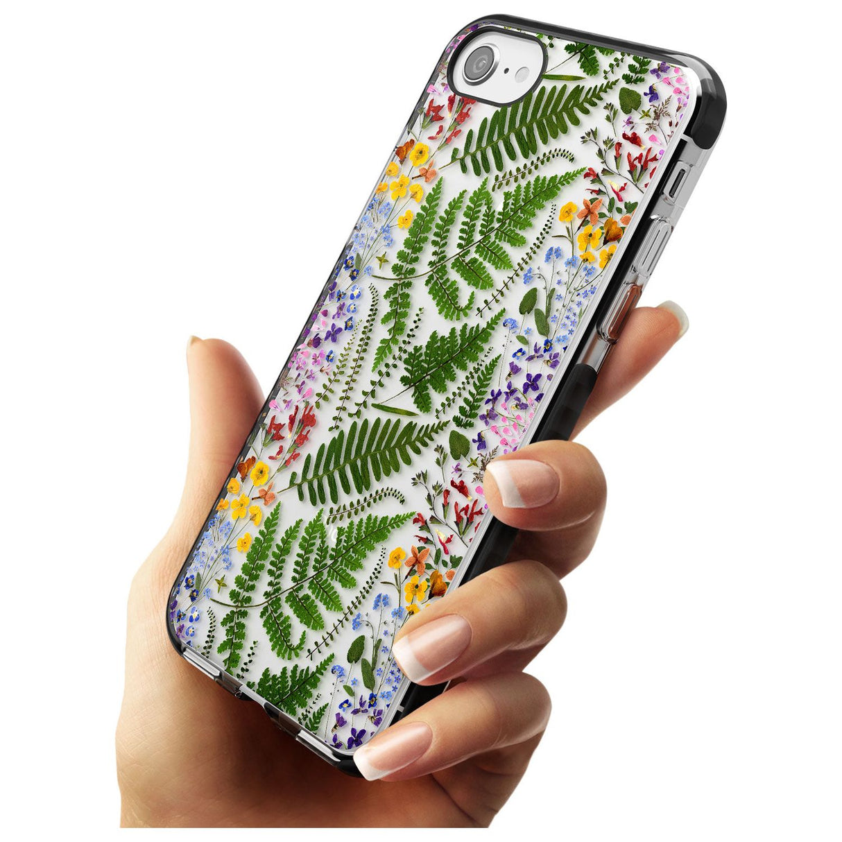 Busy Floral and Fern Design Black Impact Phone Case for iPhone SE 8 7 Plus