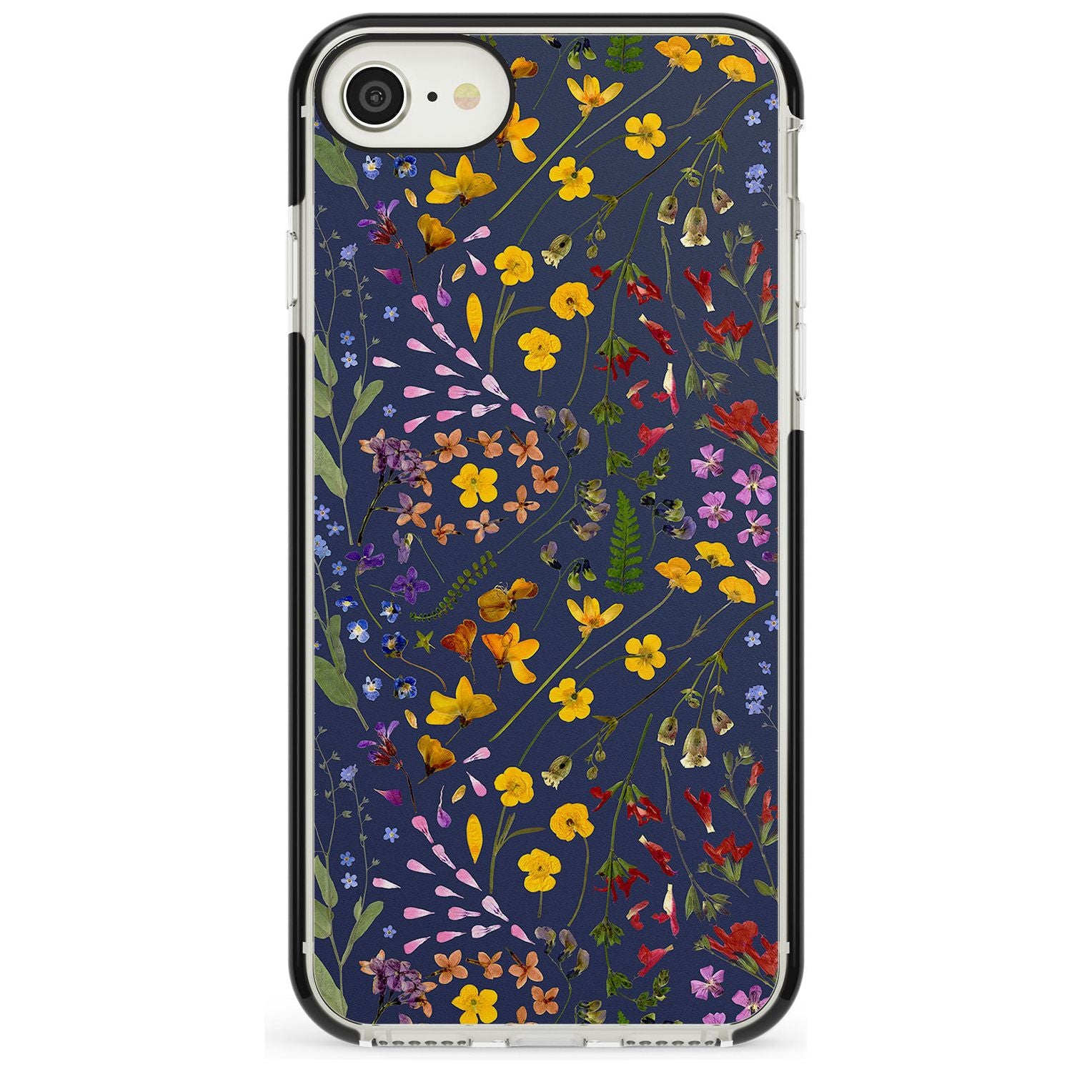 Wildflower & Leaves Cluster Design - Navy Black Impact Phone Case for iPhone SE 8 7 Plus