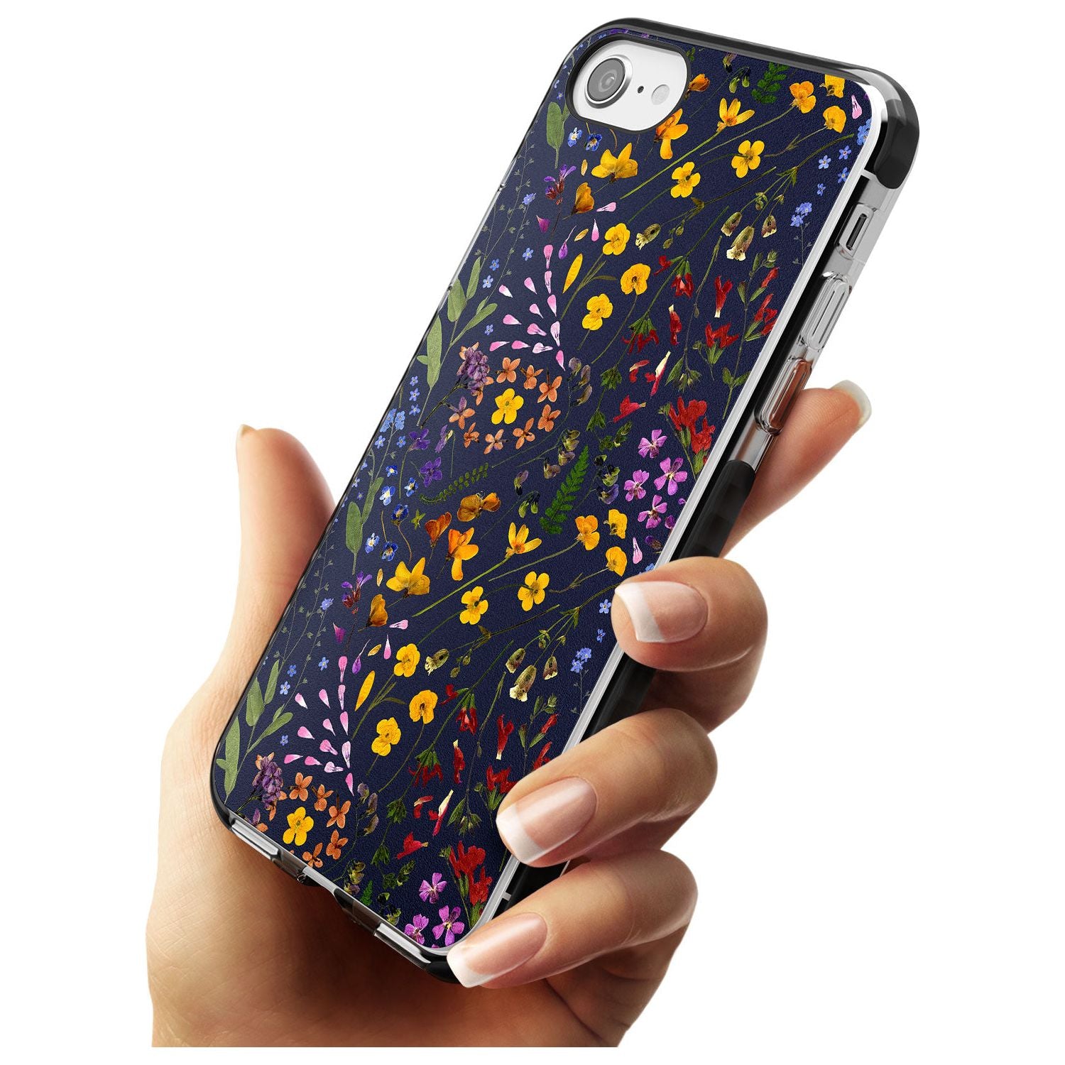 Wildflower & Leaves Cluster Design - Navy Black Impact Phone Case for iPhone SE 8 7 Plus