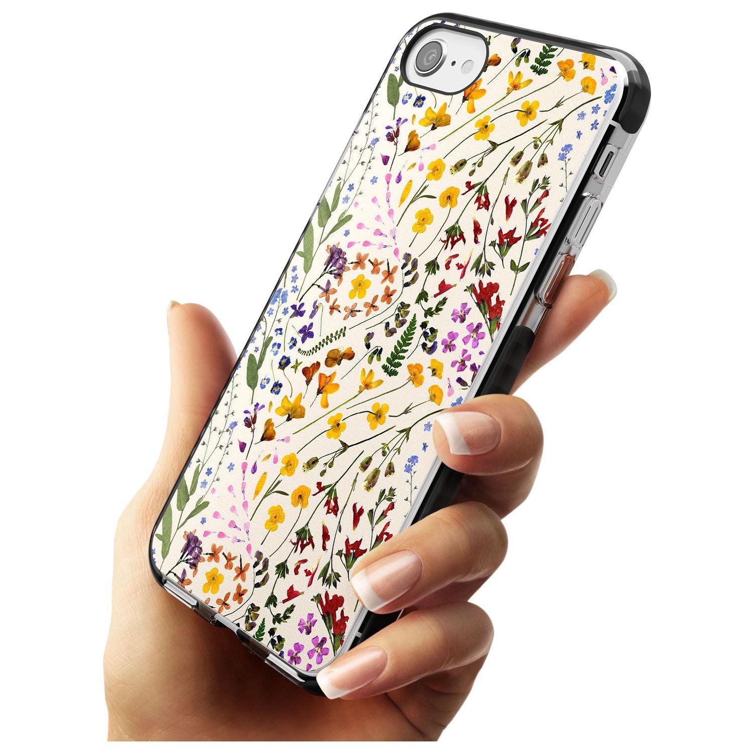 Wildflower & Leaves Cluster Design - Cream Black Impact Phone Case for iPhone SE 8 7 Plus
