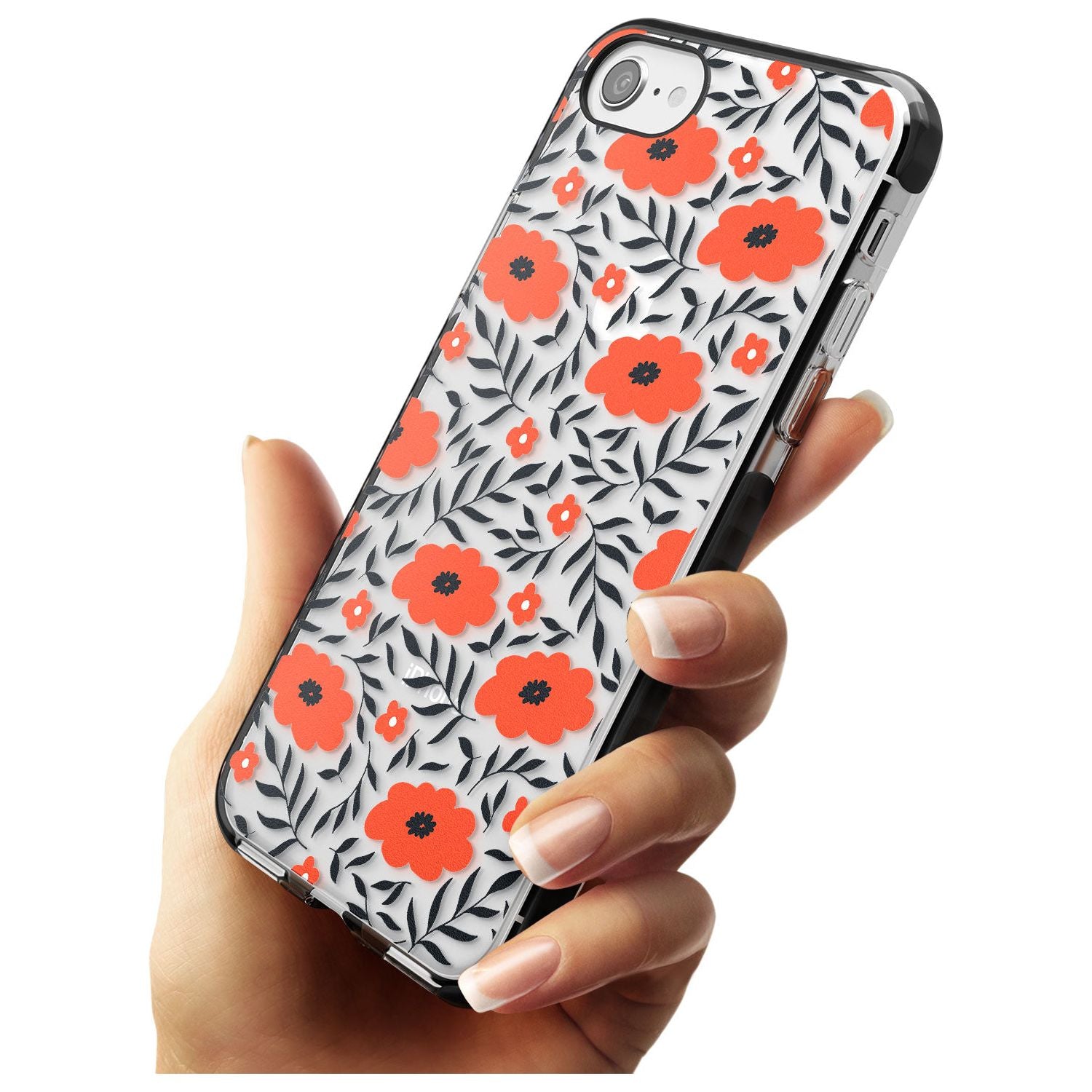 Red Poppy Transparent Floral Black Impact Phone Case for iPhone SE 8 7 Plus