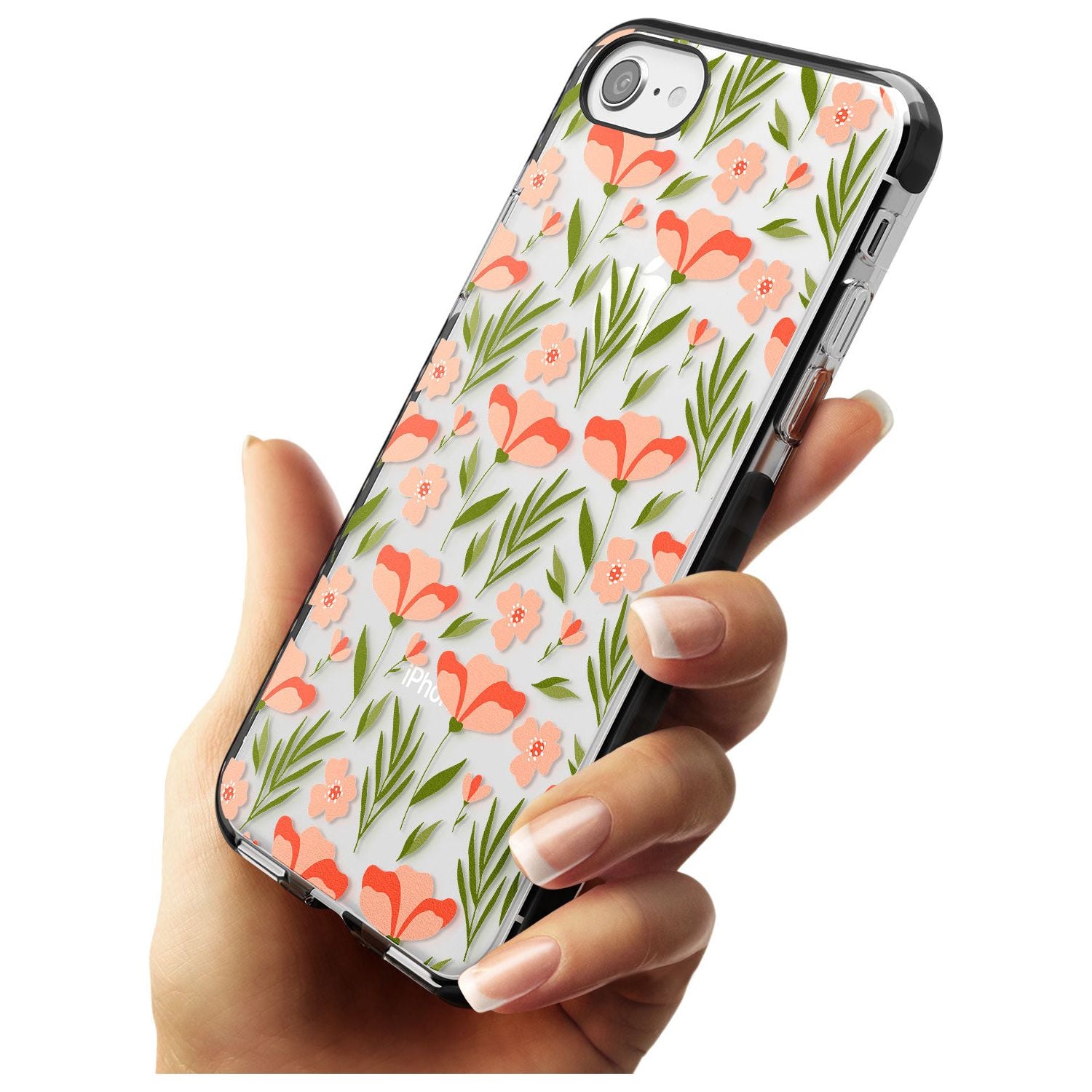 Pink Petals Transparent Floral Black Impact Phone Case for iPhone SE 8 7 Plus
