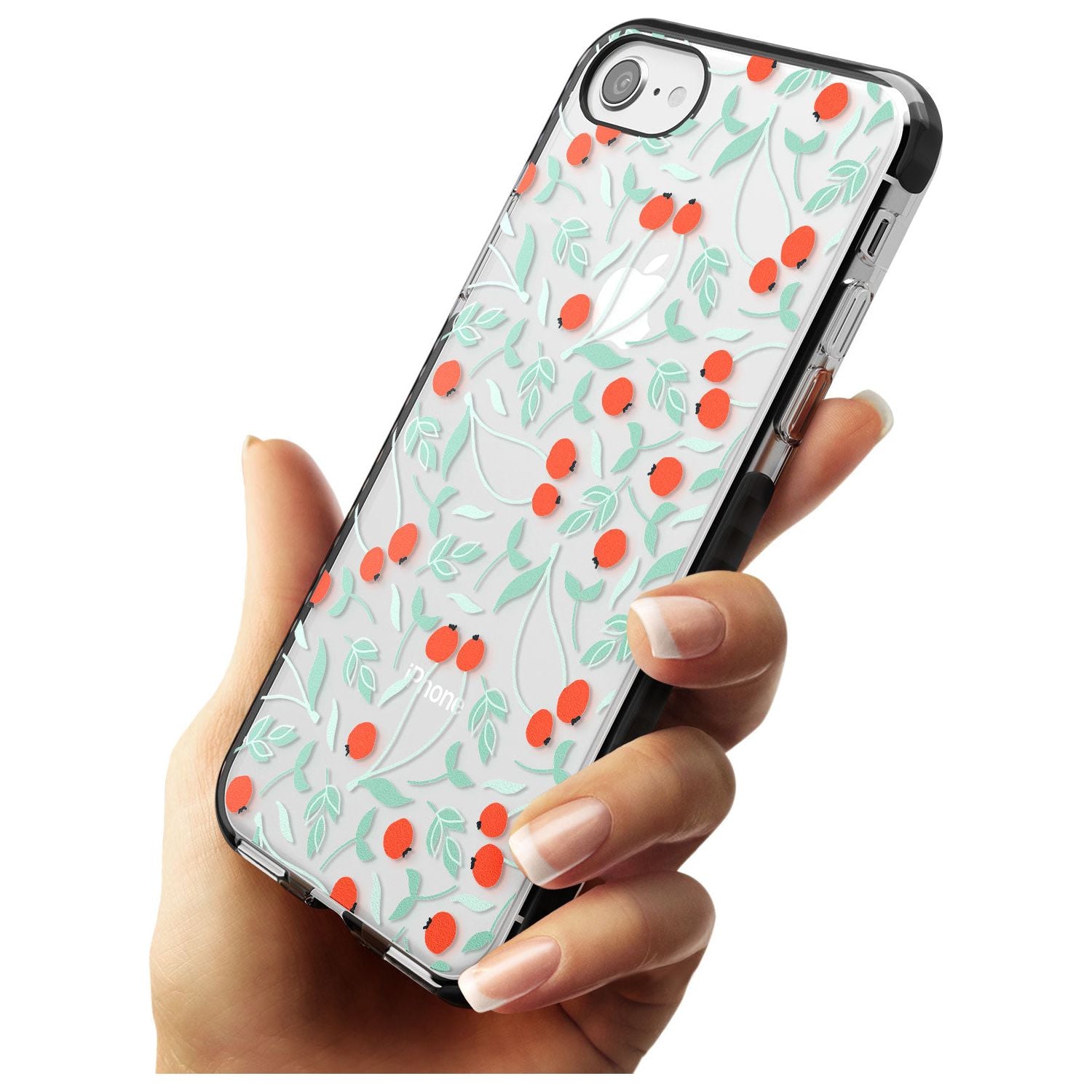 Red Berries Transparent Floral Black Impact Phone Case for iPhone SE 8 7 Plus