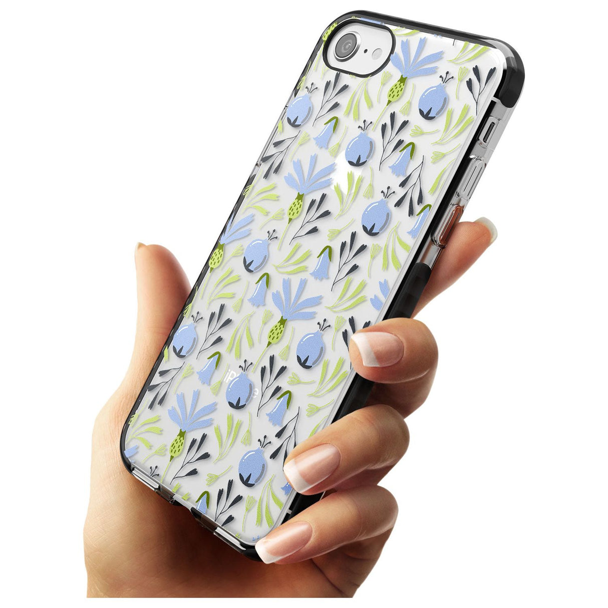 Blue Flora Transparent Floral Black Impact Phone Case for iPhone SE 8 7 Plus