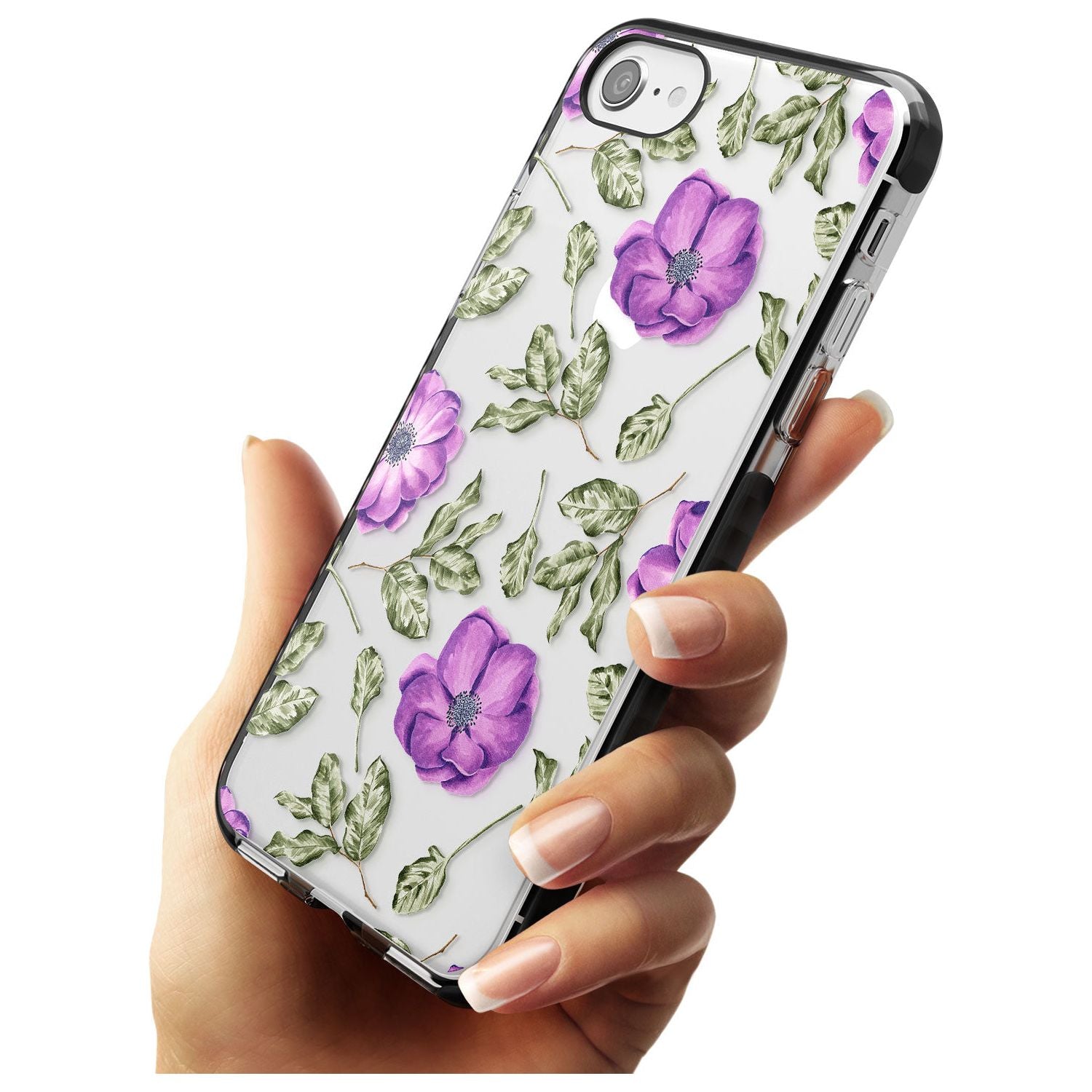 Purple Blossoms Transparent Floral Black Impact Phone Case for iPhone SE 8 7 Plus
