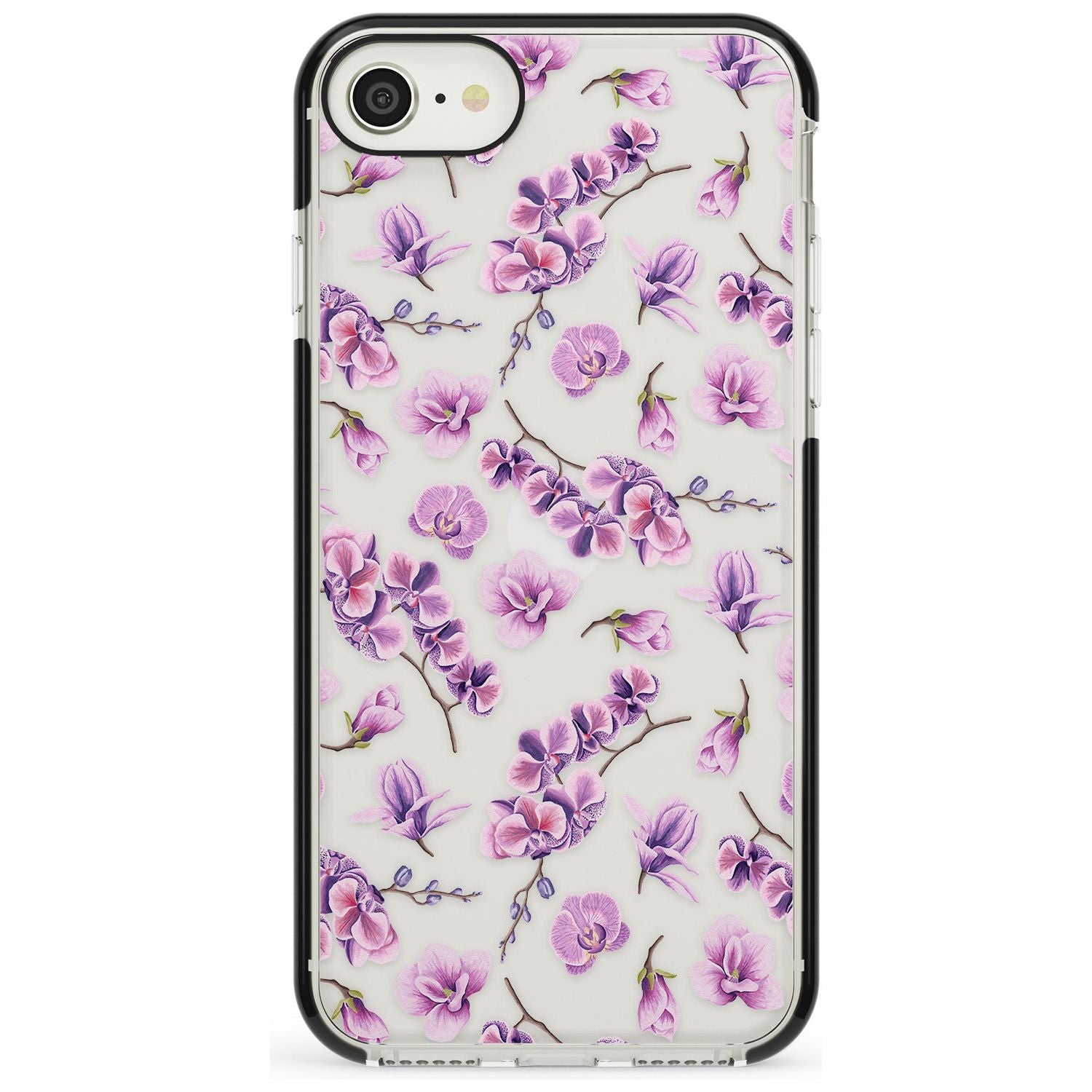 Purple Orchids Transparent Floral Black Impact Phone Case for iPhone SE 8 7 Plus