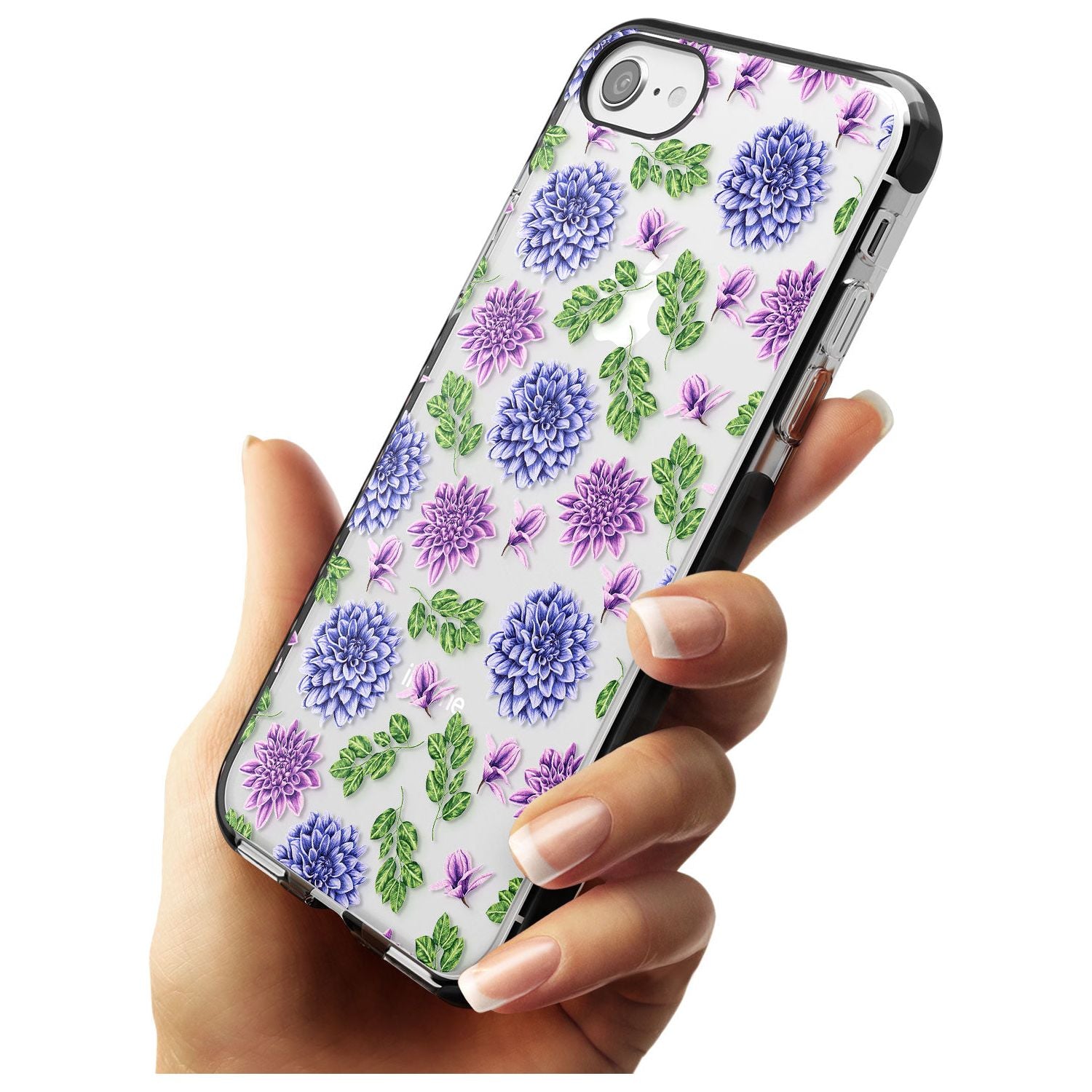 Purple Dahlias Transparent Floral Black Impact Phone Case for iPhone SE 8 7 Plus