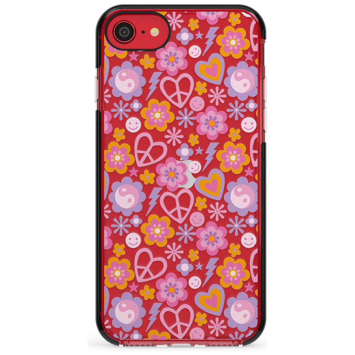 Peace, Love and Flowers Pattern Black Impact Phone Case for iPhone SE 8 7 Plus