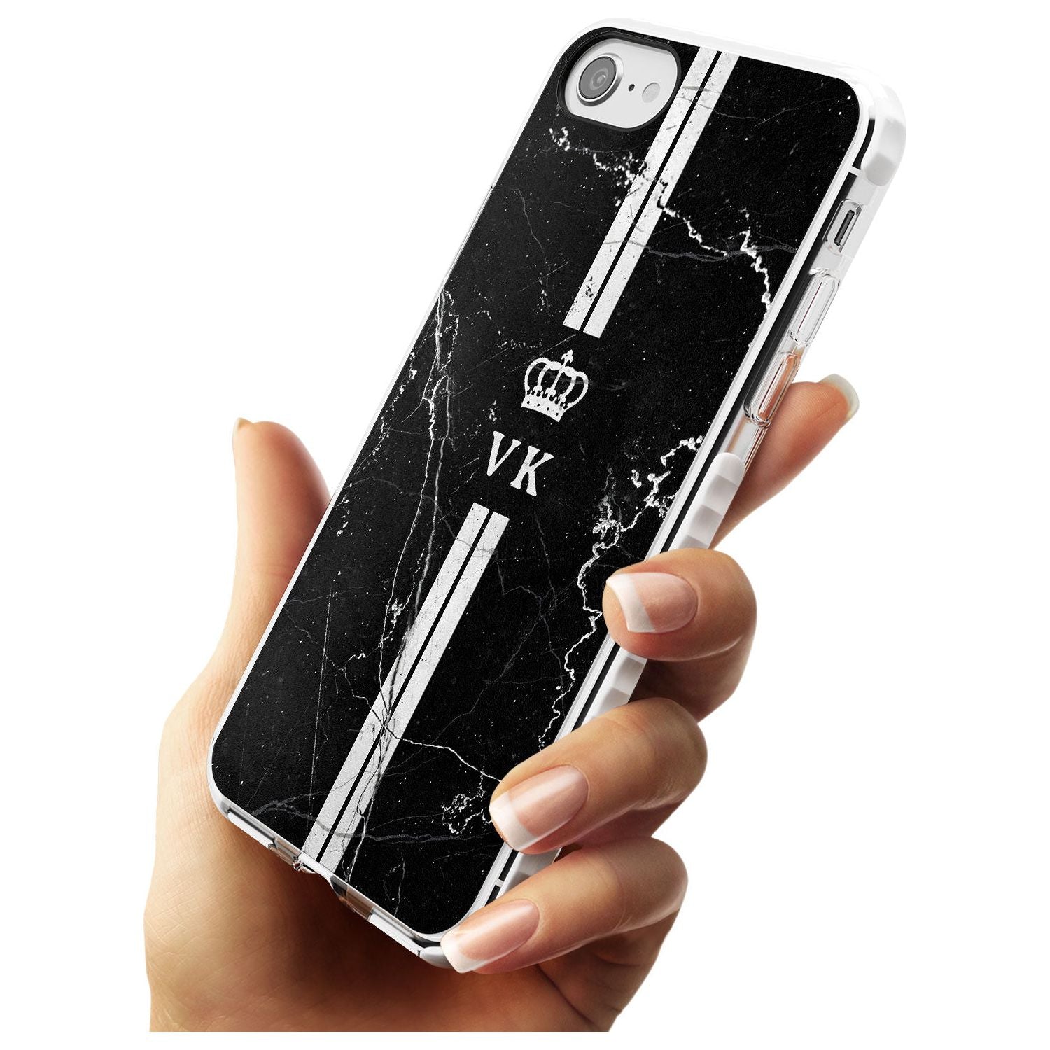 Stripes + Initials with Crown on Black Marble Impact Phone Case for iPhone SE 8 7 Plus