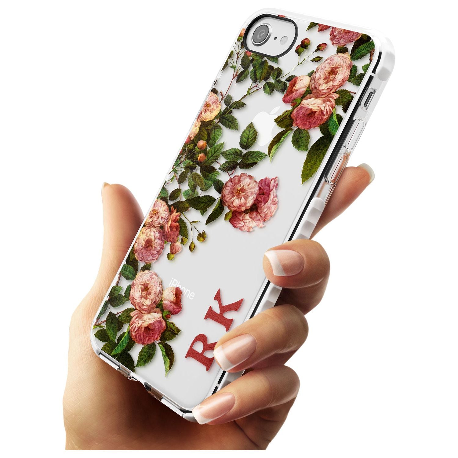 Custom Clear Vintage Floral Pink Garden Roses Impact Phone Case for iPhone SE 8 7 Plus
