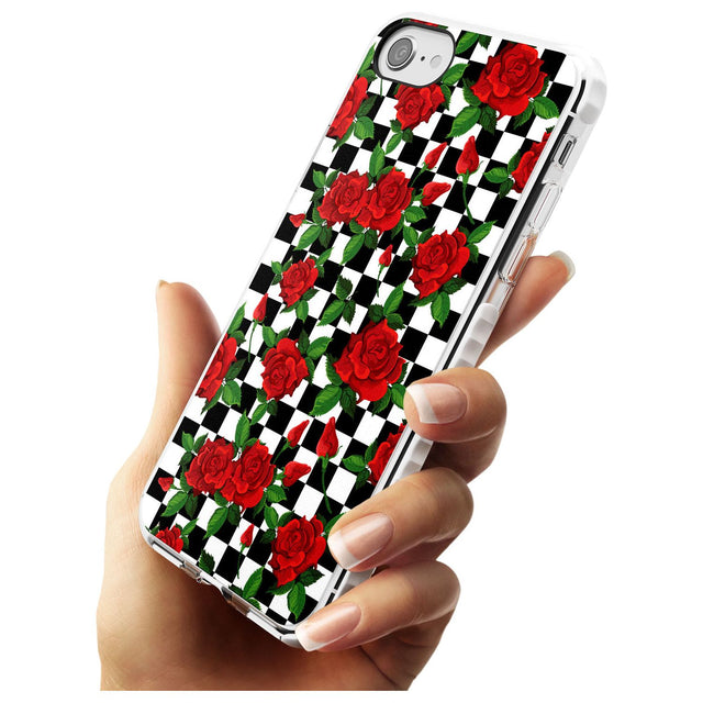 Checkered Pattern & Red Roses Impact Phone Case for iPhone SE 8 7 Plus
