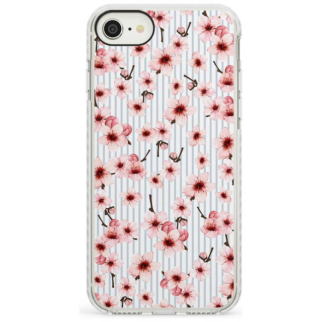 Cherry Blossoms on Blue Stripes Pattern Impact Phone Case for iPhone SE 8 7 Plus