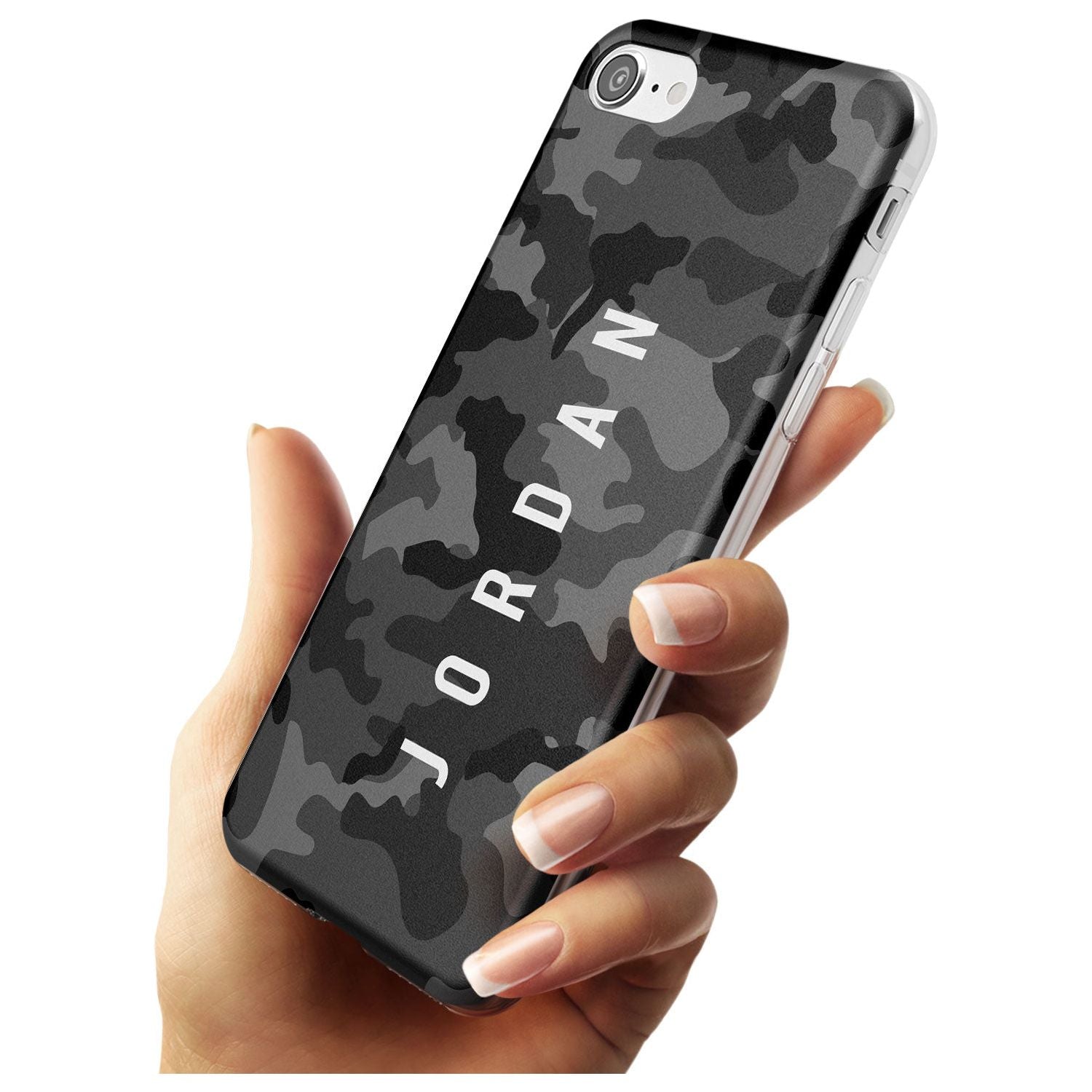 Small Vertical Name Personalised Black Camouflage Slim TPU Phone Case for iPhone SE 8 7 Plus