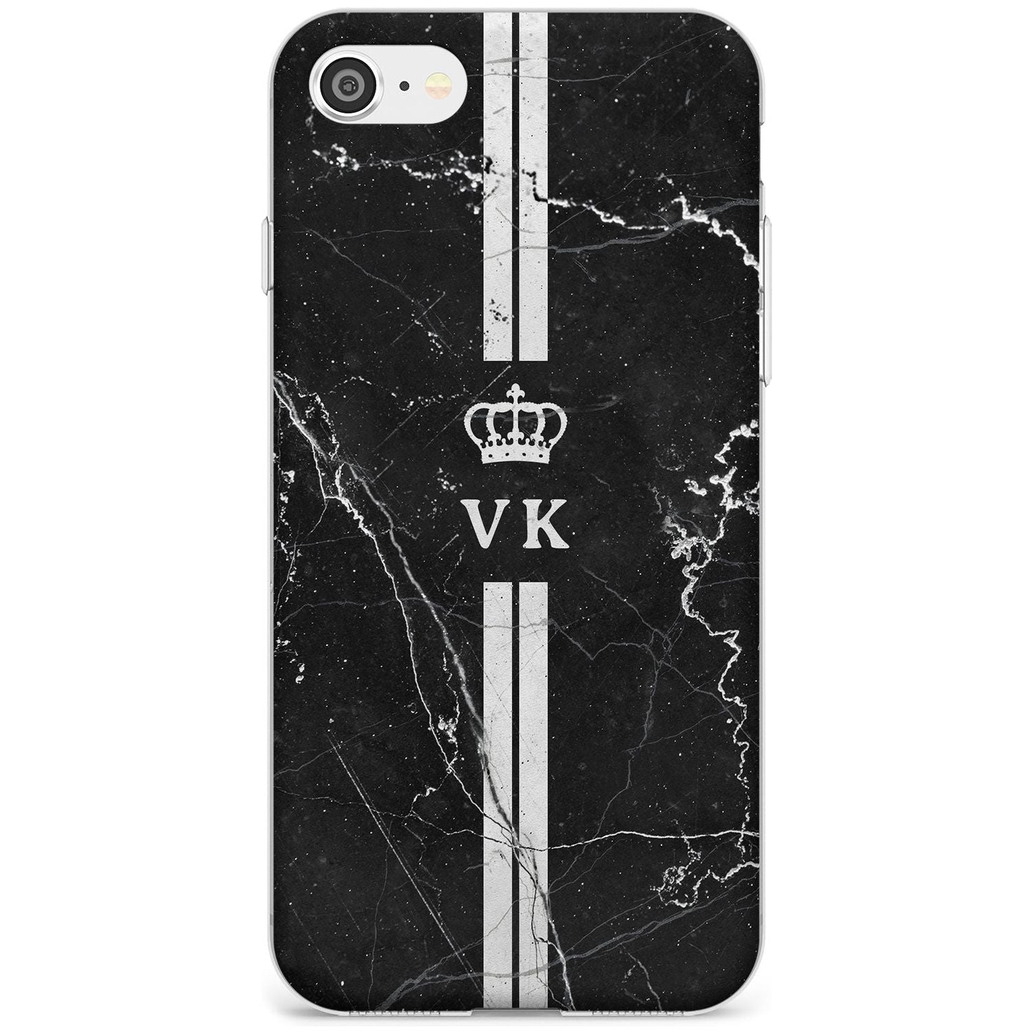 Stripes + Initials with Crown on Black Marble Slim TPU Phone Case for iPhone SE 8 7 Plus