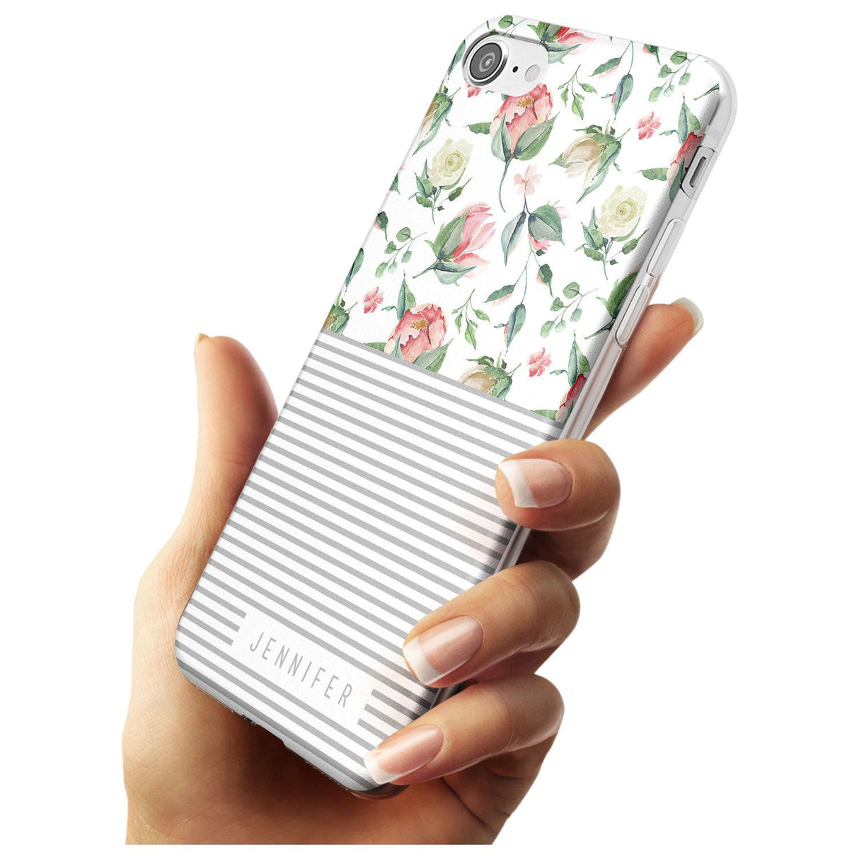 Light Floral Pattern & Stripes Black Impact Phone Case for iPhone SE 8 7 Plus