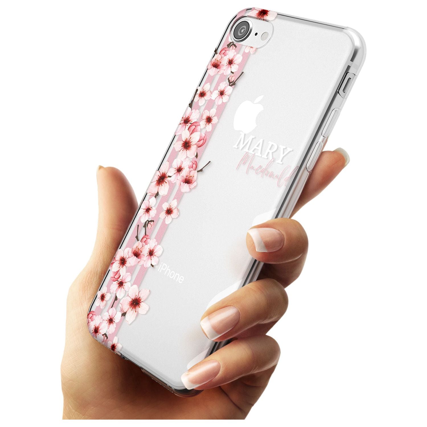 Cherry Blossoms & Stripes Transparent  Black Impact Phone Case for iPhone SE 8 7 Plus